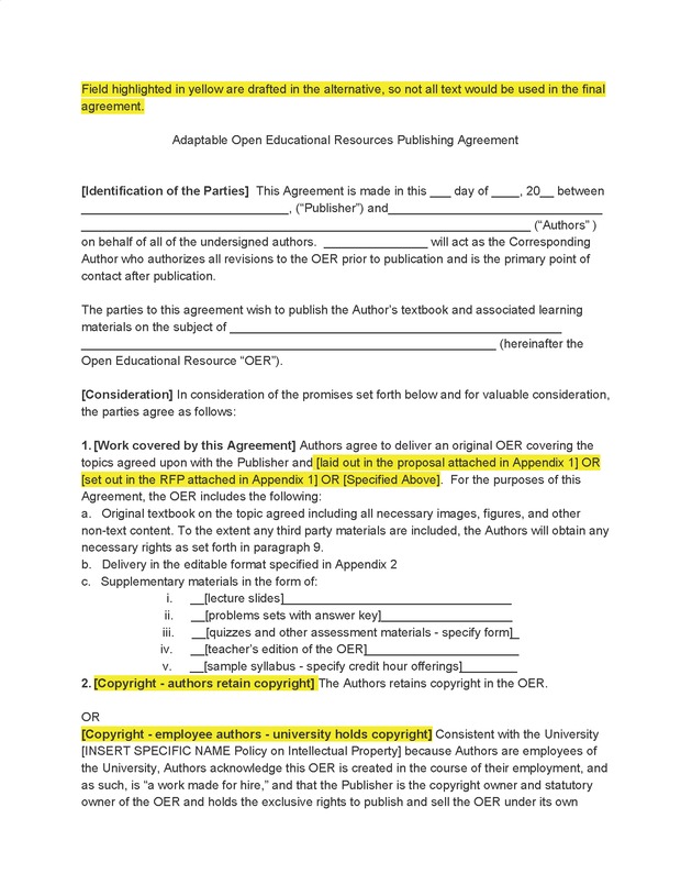 Adaptable Open Educational Resources Publishing Agreement - Page 1